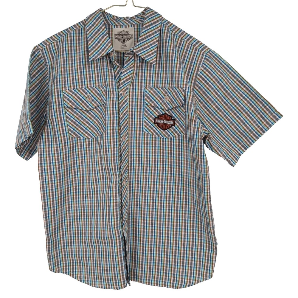 Harley-Davidson Kids Plaid Button Up Shirt Short Sleeve Multi 12/14 S0XBB50HD